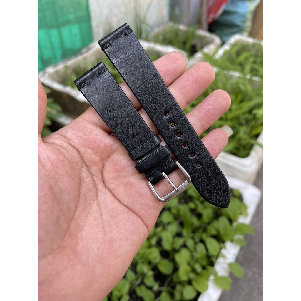 Dây đồng hồ nam nữ Da bò Ý Vachetta,khâu tay thủ công chốt chỉ 2 đầu màu đen đủ size, tặng kèm khóa, chốt, tool thay dây