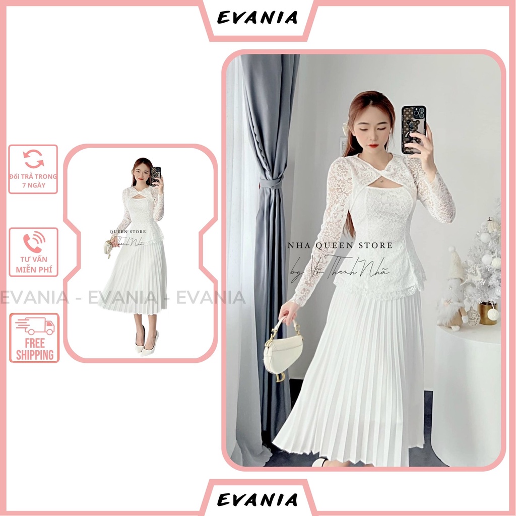 Đầm Dự Tiệc Sang Trọng EVANIA Đầm Trắng Dự Tiệc Chất Áo Ren Trắng Cổ Chéo Mix Chân Váy Dập Ly - Mã H250
