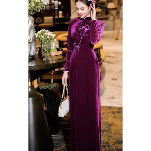 ÁO DÀI TRUNG NIÊN NHUNG KẾT HOA THỦ CÔNG CAO CẤP ÁO DÀI BÀ VÀ MẸ