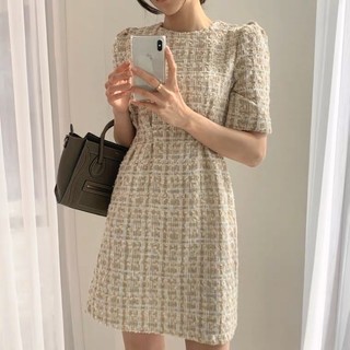 Váy dạ tweed tay bồng cổ tròn chiết eo phong cách sang trọng cổ điển Hàn Quốc