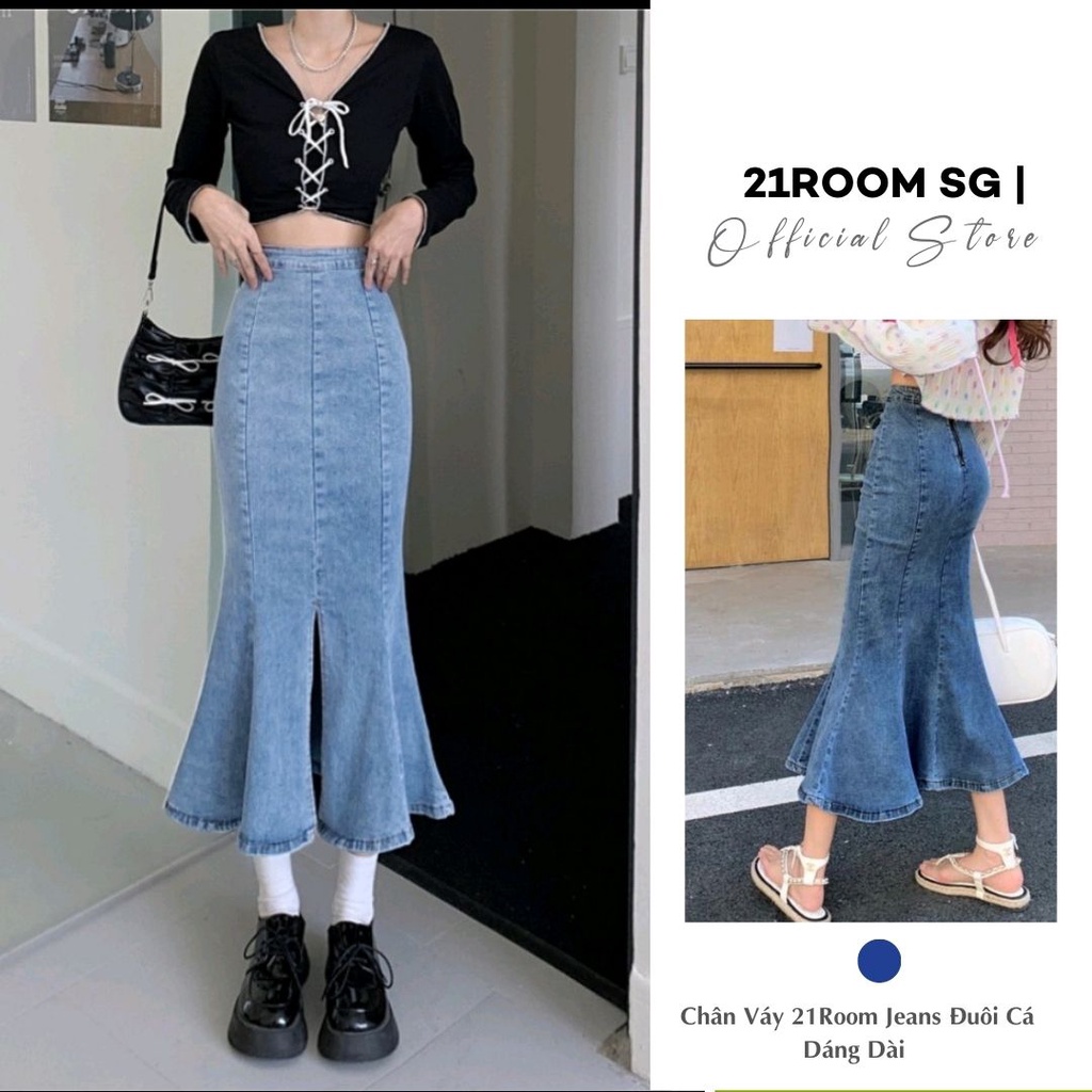 Chân Váy 21Room Jeans Đuôi Cá Dáng Dài Chất Dày Dặn Tôn Dáng Chân Váy Kiểu Phong Cách Hàn Quốc