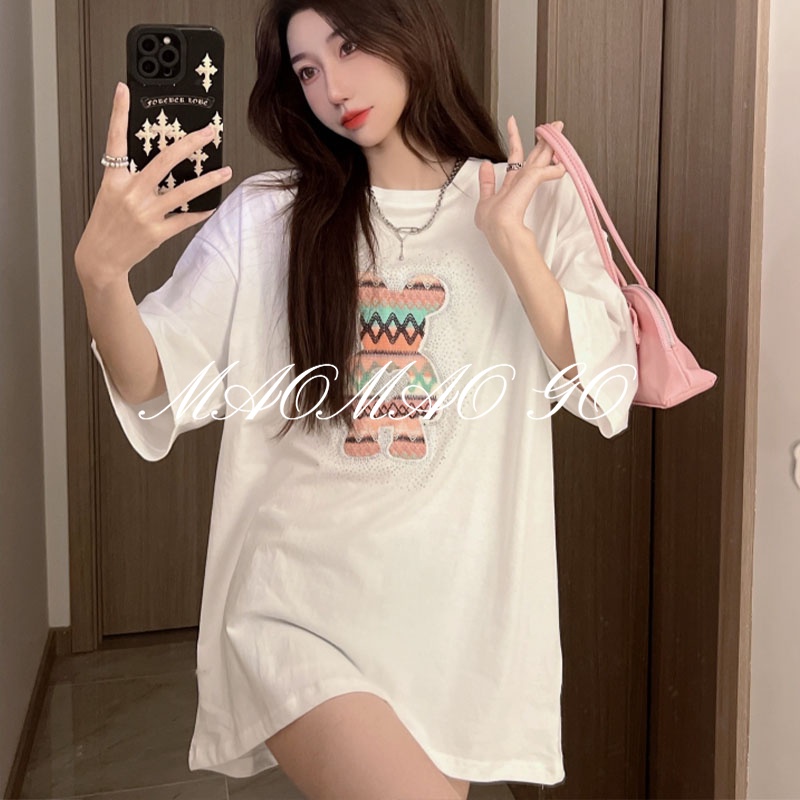 Maomao GO Áo Thun Nữ Tay Ngắn Dáng Rộng Dài Đến Giữa Đính Đá Ủi