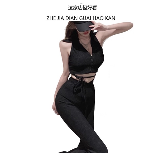 Set Quần ống loe kèm Áo croptop cài nút Dạo phố ôm body sexy Cổ sơ mi Set quần áo Đi chơi phố Cá tính Thời trang
