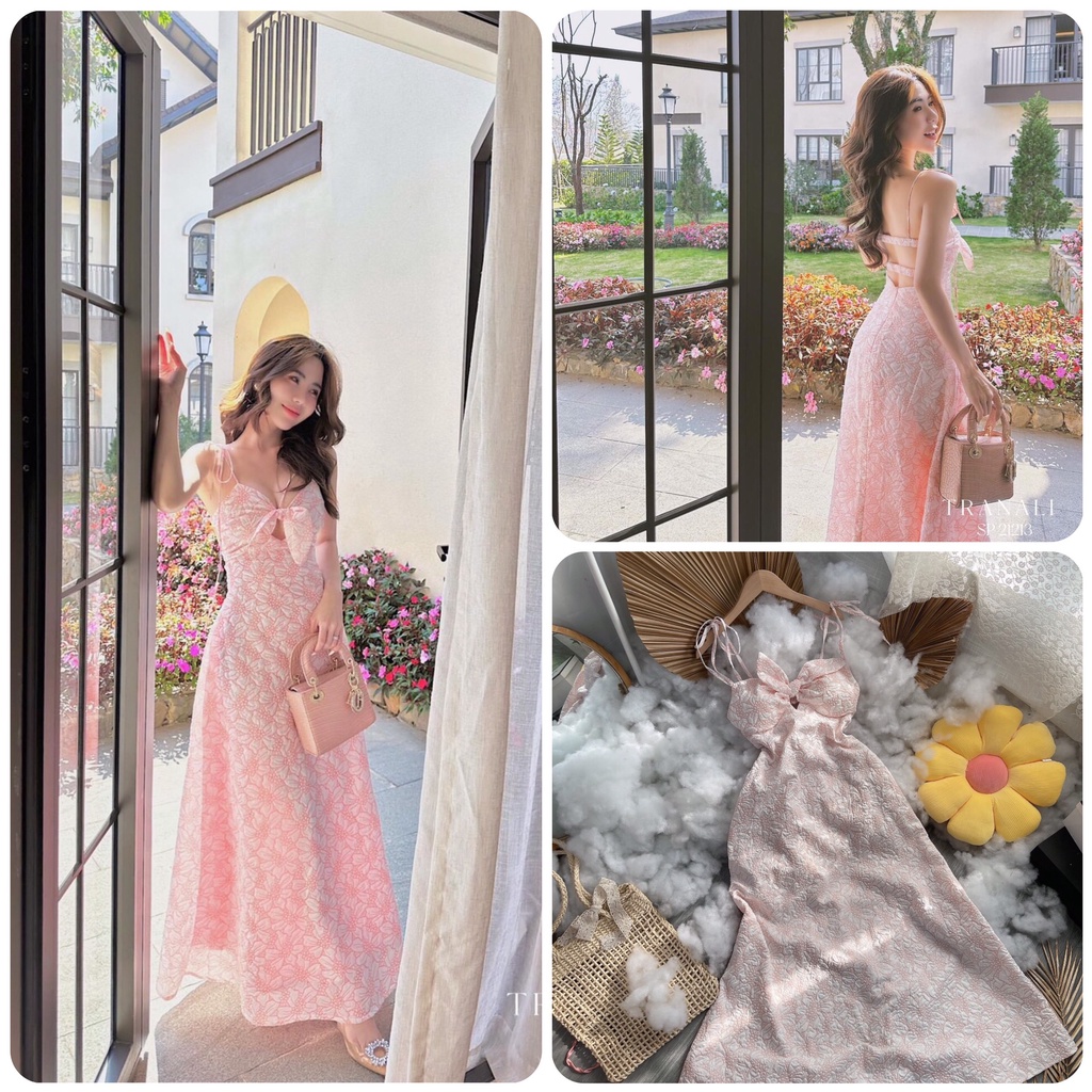 ĐẦM MIDI BODY 2S HOA GẤM NỔI HỒNG KHOÉT NƠ NGỰC