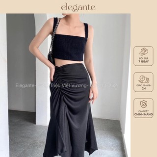 Chân váy lụa nhún bên Elegante 77180101 màu đen, be