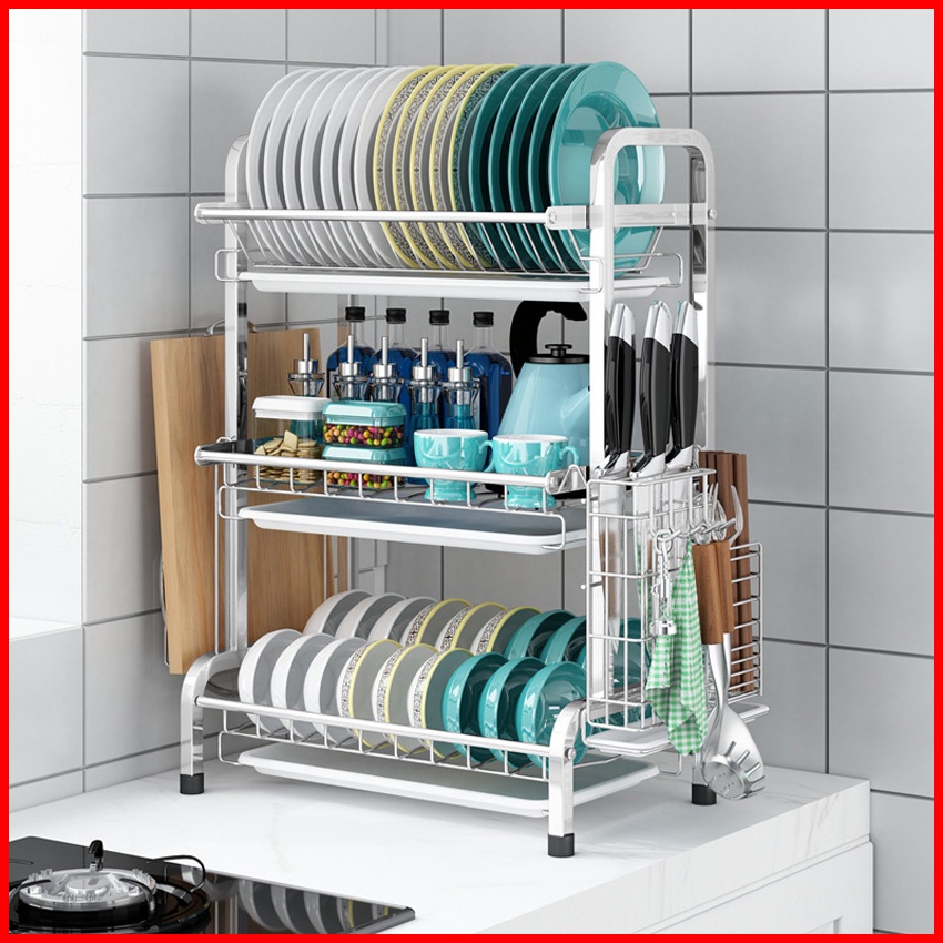 Giá úp bát đĩa 3 tầng, kệ chạn úp chén đũa đa năng kèm 3 khay hứng nước, ống cắm đũa thìa - Bảo hành 1 năm lỗi 1 đổi mới