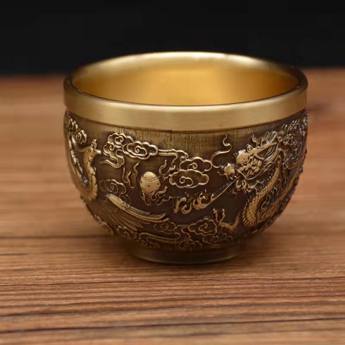 Hũ tài lộc, bát tụ bảo bằng đồng 6.4cm, khắc nổi rồng phụng chầu nguyệt BTĐ6.4RP (không thỏi vàng)
