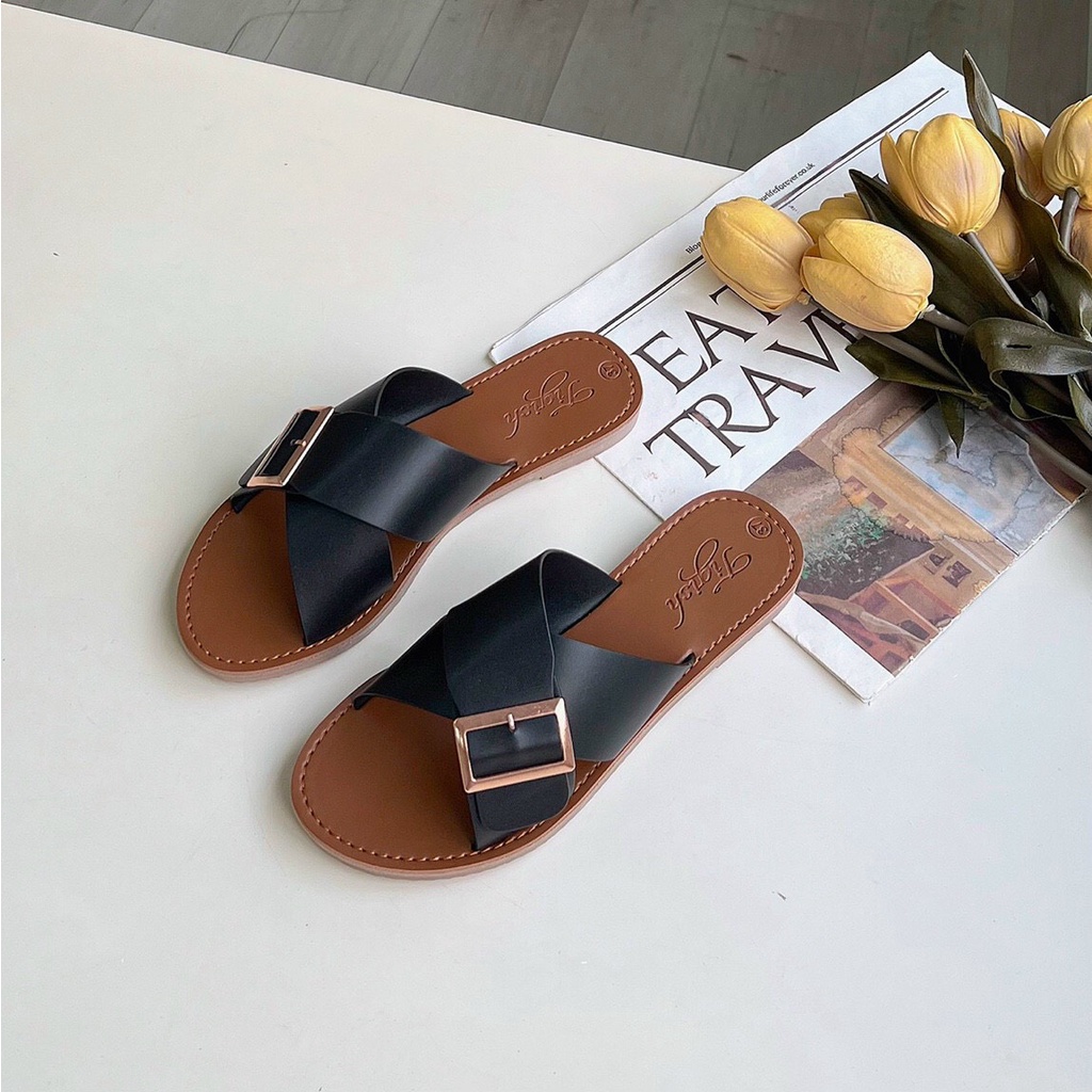 Dép Lê nữ quai chéo chất liệu da nhiều màu, đế TPR dẻo chống trơn trượt