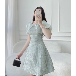 Váy Tiểu Thư Cổ Tròn Tay Phồng Phối Tơ Thiết Kế Cao Cấp Hai Màu Đen Xanh Ngọc