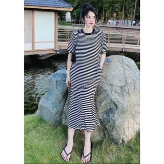 Váy suông dáng dài kẻ đen trắng, đầm suông tay lỡ vải cotton mặc thoải mái