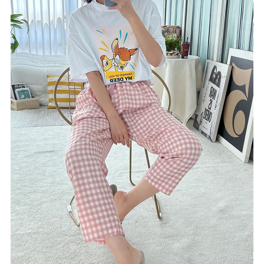 Quần dài baggy caro trắng hồng dễ thương vải ford cao cấp form rộng thoải mái đi chơi, mặc ở nhà ngủ