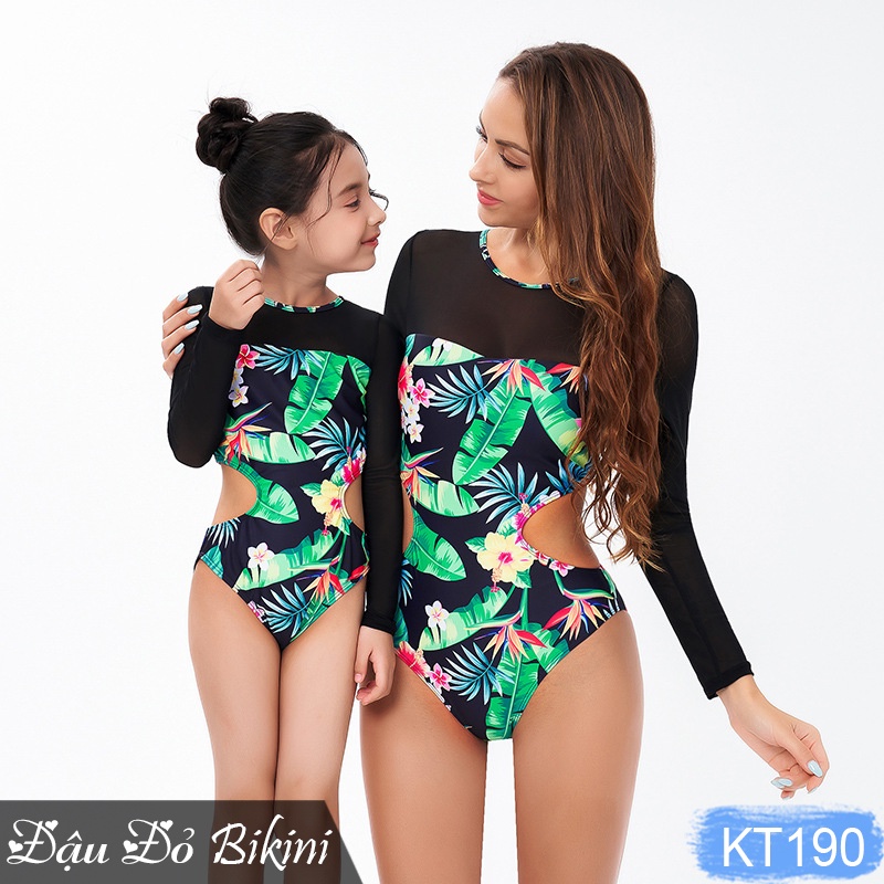 Bikini đồ bơi đôi cho mẹ và bé gái, áo tắm liền thân cặp mẹ con, kiểu Âu Mỹ gợi cảm, hình lá hoa Hawaii tươi trẻ | KT190