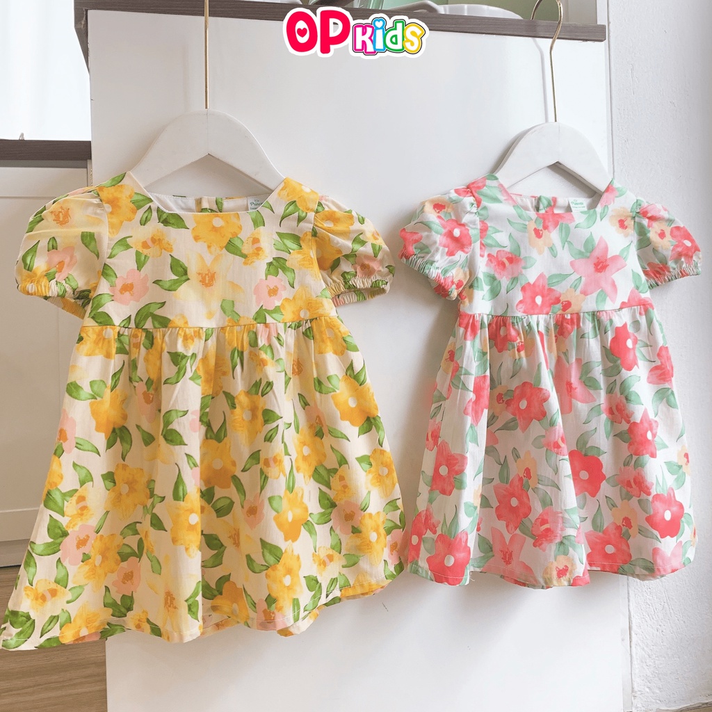 Đầm bé gái OP KIDS họa tiết hoa vàng hồng chất thô hàn cao cấp mát mẻ phù hợp đồ cho bé gái từ 8 - 26 kg