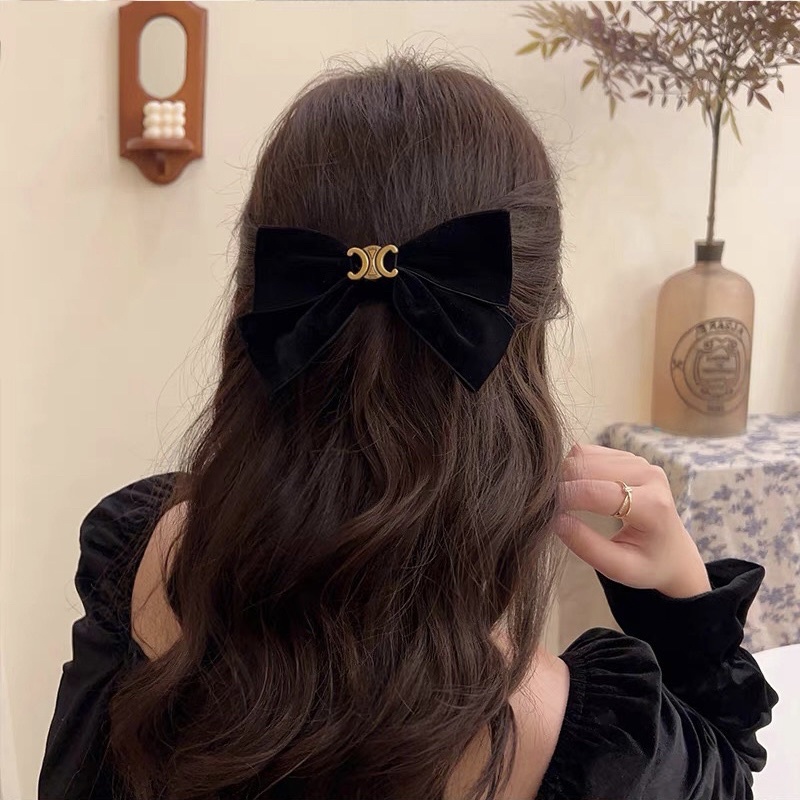 Nơ kẹp tóc vải nhung màu đen đỏ thiết kế ấn tượng N81