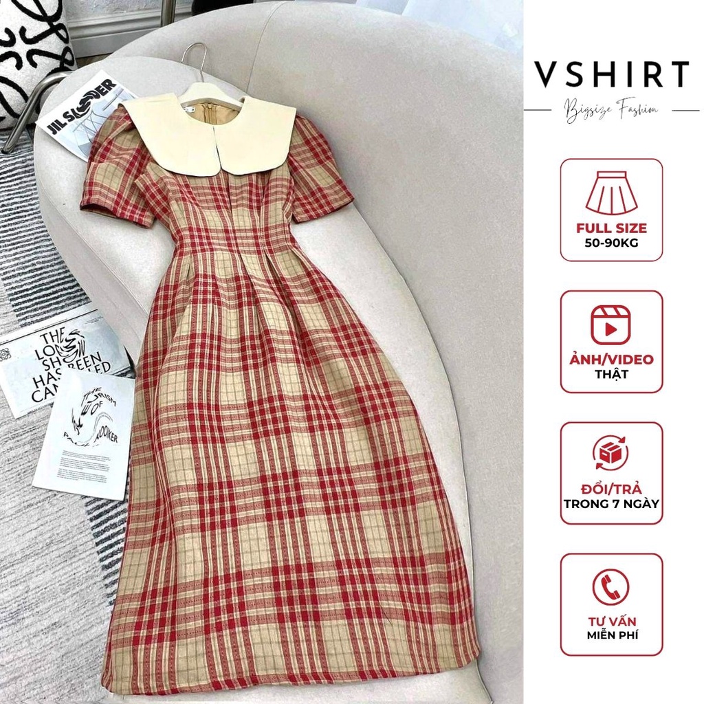 Váy Đỏ Phối Cổ Be VSHIRT Họa Tiết Kẻ Caro Bigsize Chất Liệu Hàn Chéo