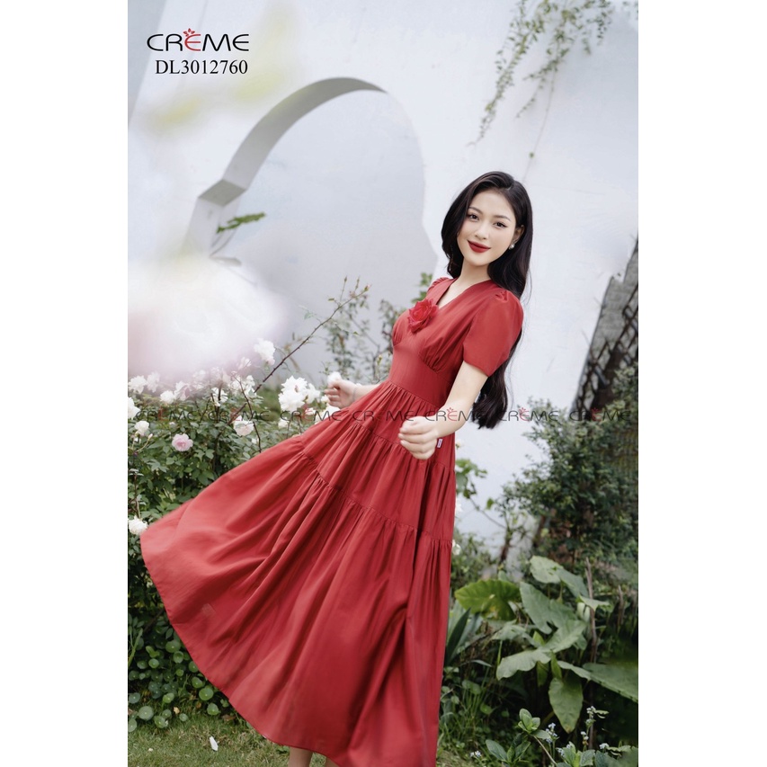 ĐẦM LIỀN CÔNG SỞ CAO CẤP, CỔ V DÁNG XÒE, PHONG CÁCH TIỂU THƯ HÀN QUỐC TRẺ TRUNG,  THIẾT KẾ CREME DL3012 | BigBuy360 - bigbuy360.vn