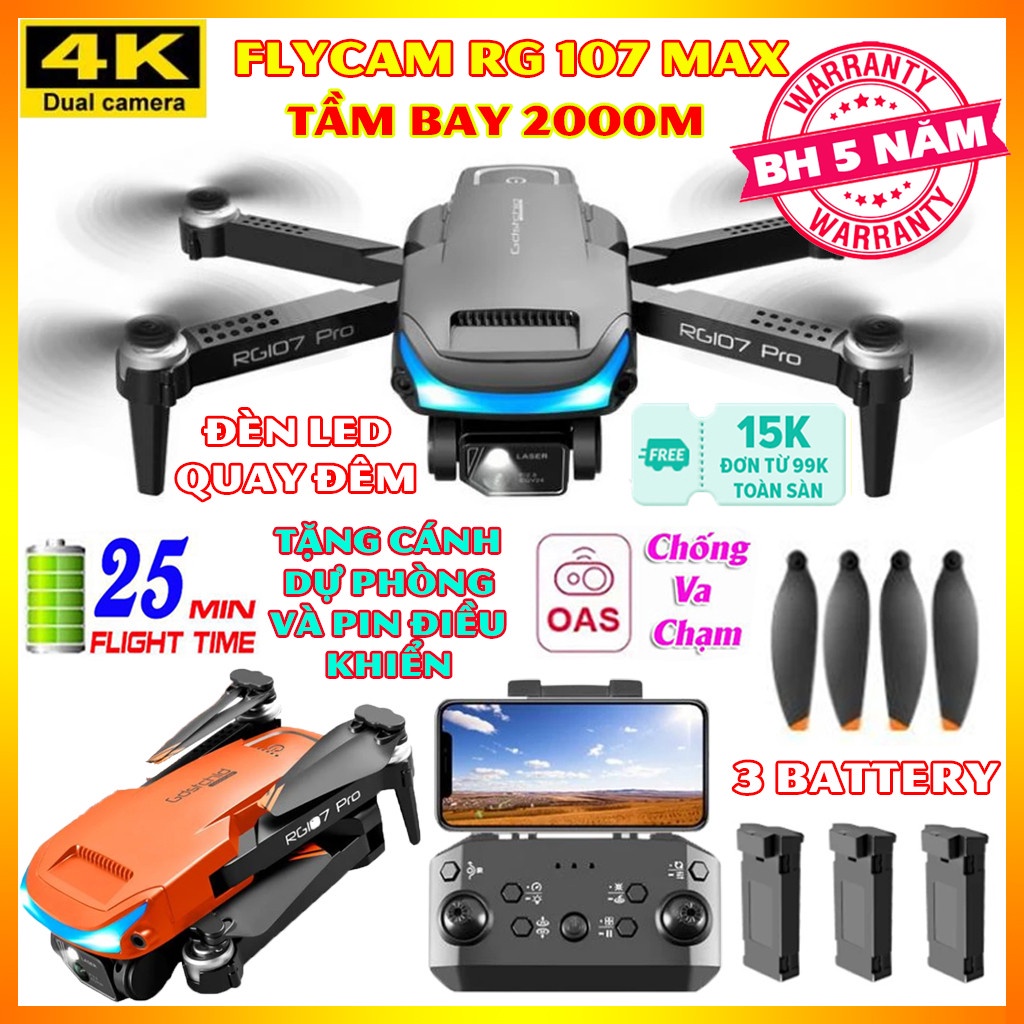 Playcam điều khiển từ xa RG107 / K101 MAX, flycam giá rẻ RG107 có 2 camera 4K có cảm biến chống va chạm, bay xa 2000m