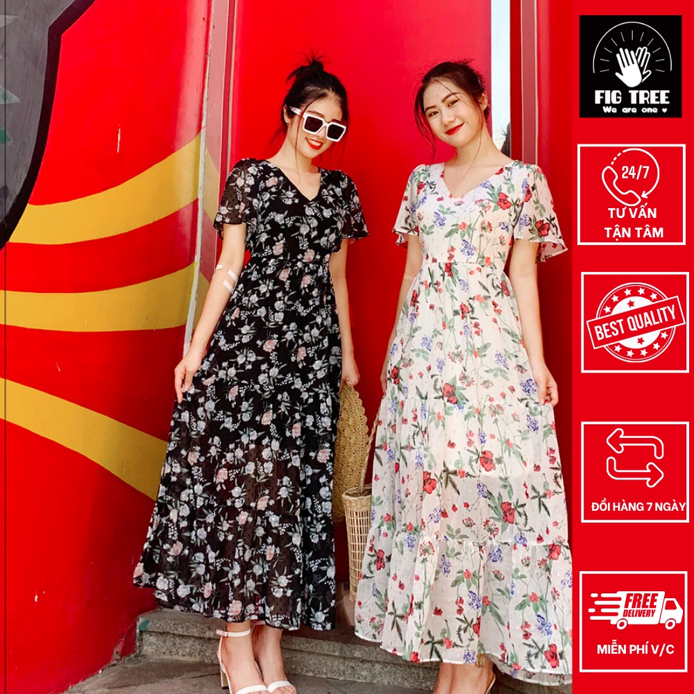 Đầm Cổ tim tay cánh tiên bồng cao cấp hoa nền trắng -đen đẹp sang chảnh
