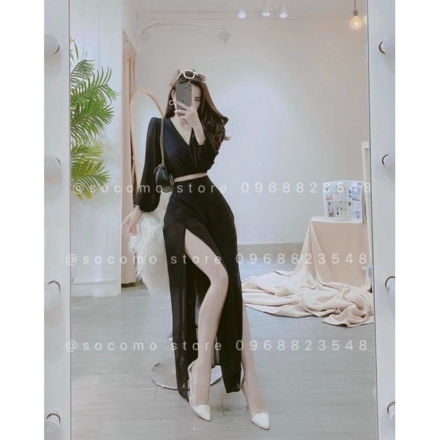 Áo tay dài cổ chữ V kèm chân váy dài xẻ tà cao sexy sang chảnh