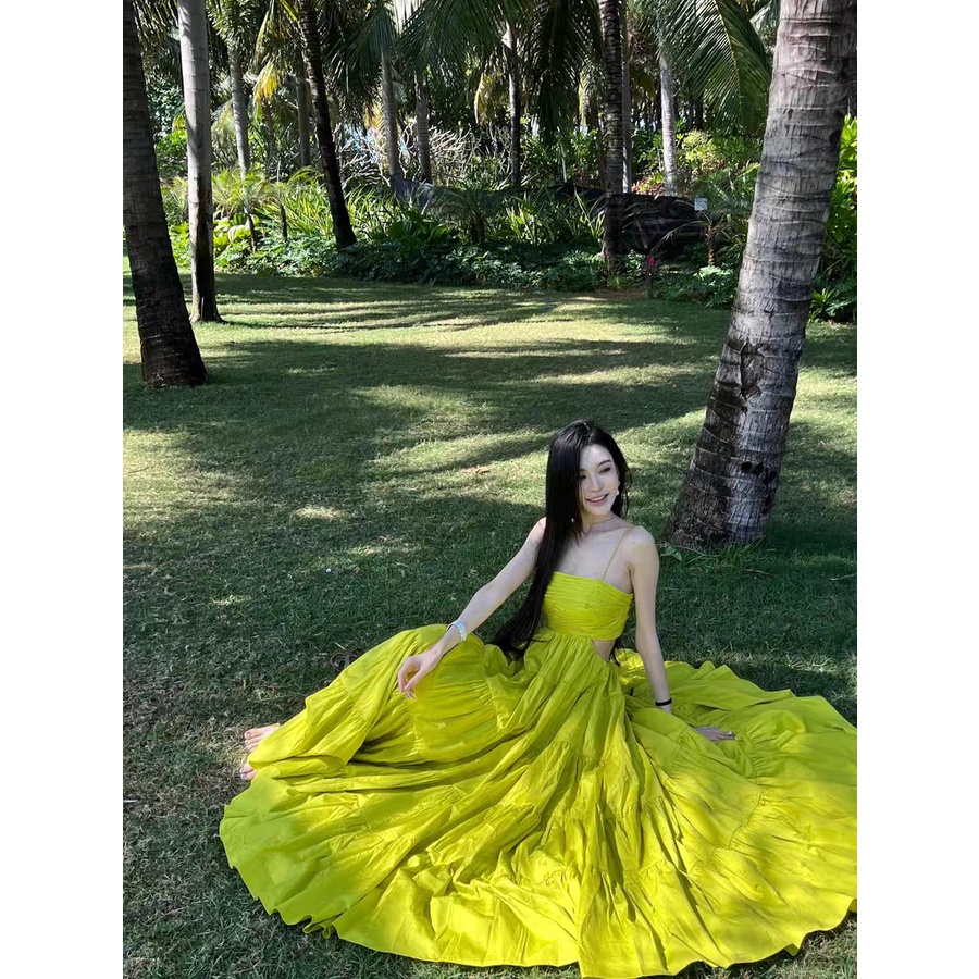 Váy maxi xanh chuối cut out eo lưng cực xinh đi biển siêu hot hit hàng cao cấp mẫu mới mùa hè 2023