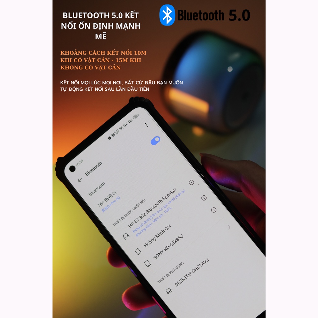 Loa bluetooth mini đèn LED RGB 360 độ, kết nối không dây HP S02, âm thanh HIFI, trong trẻo bass mạnh pin trâu thẻ nhớ