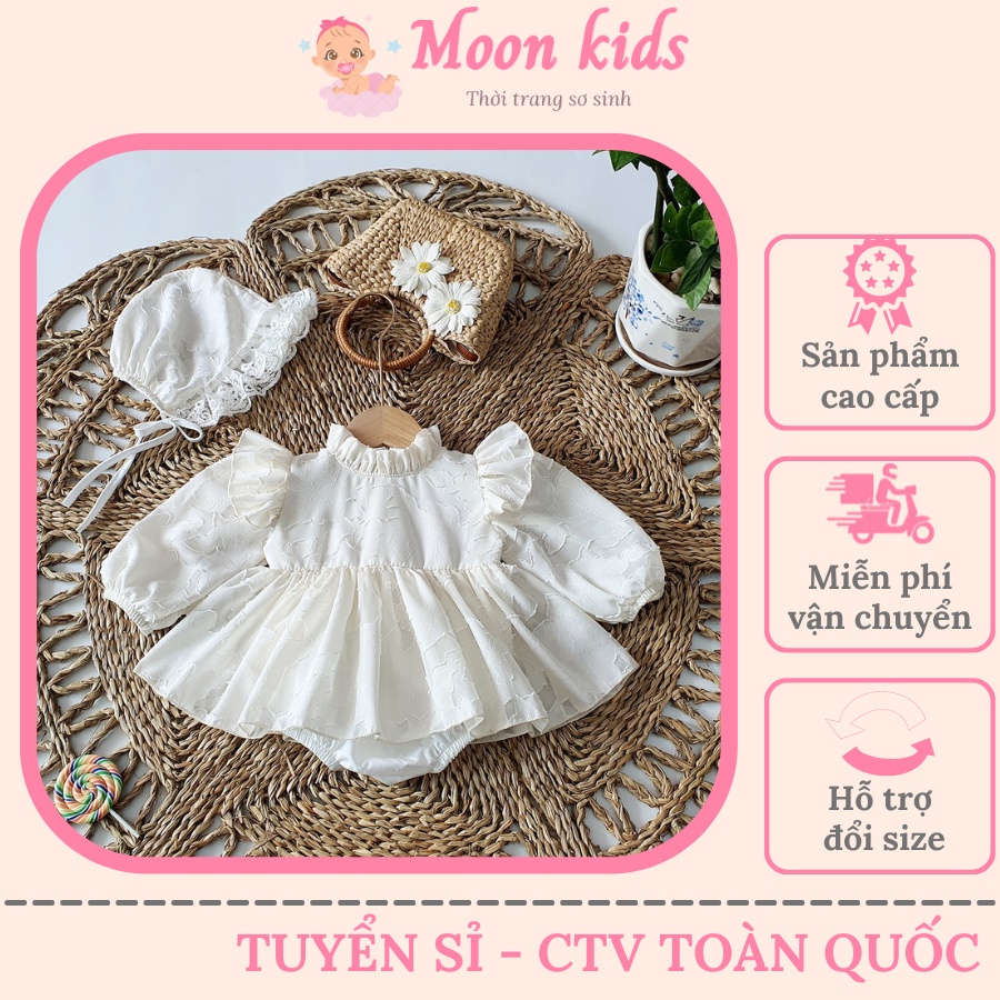 Váy Bé Gái MOONKIDS. Set Body Váy Bé Gái Tay Bồng Kèm Mũ Màu Trắng, Set Đầm Đầy Tháng, Váy Sơ Sinh Thiết Kế