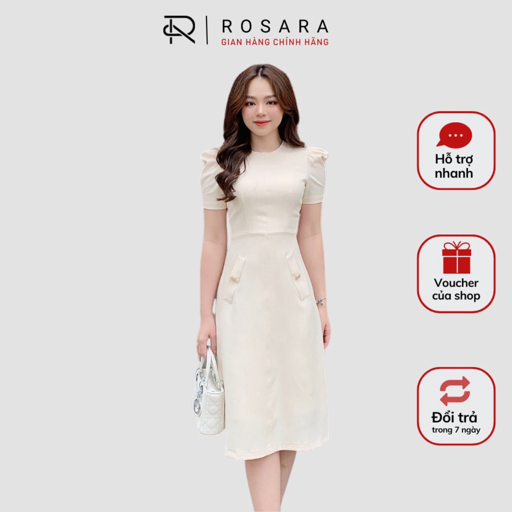 Váy Đầm Midi Be Ngắn Tay Vai Bồng Thời Trang Nữ Rosara VA31