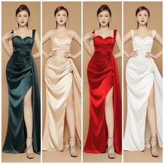 Đầm dạ hội xẻ tà hai dây bản to tùng dài cao cấp TẶNG KÈM HOA TAI THỜI TRANG