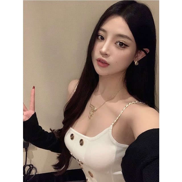 HUANG YOYO Áo Croptop Sát Nách Phối Dây Xích Thời Trang Mùa Hè Hàn Quốc Cho Nữ