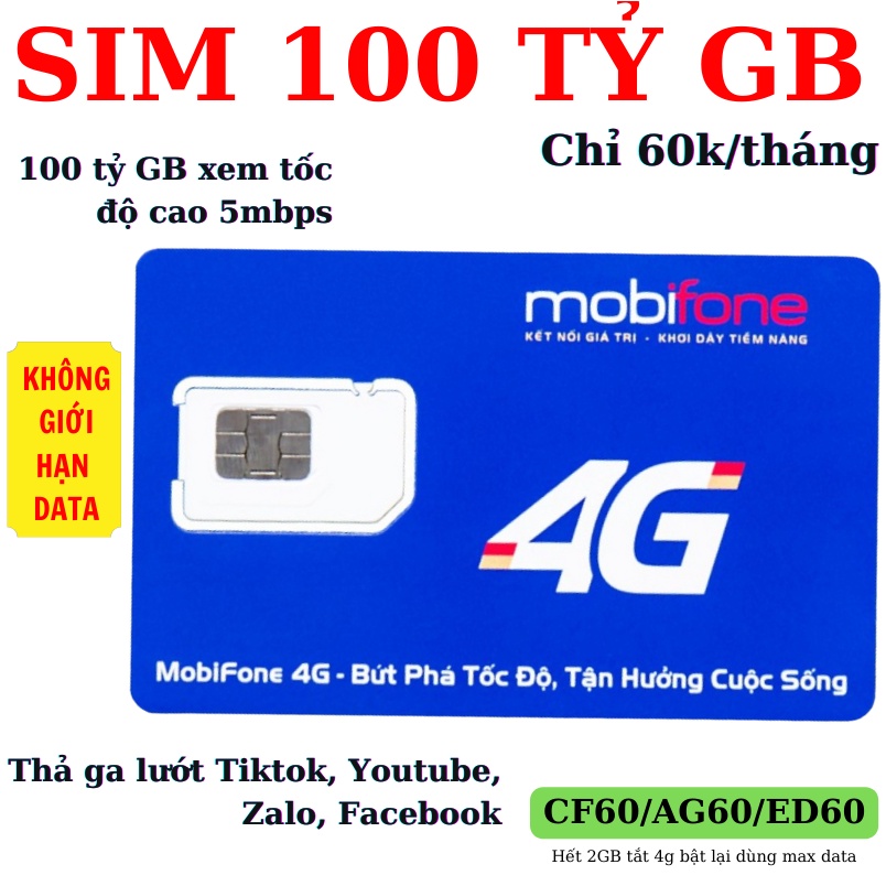 Sim 4G mobifone CF60/AG60/ED60/3ed6 không giới hạn dung lượng  