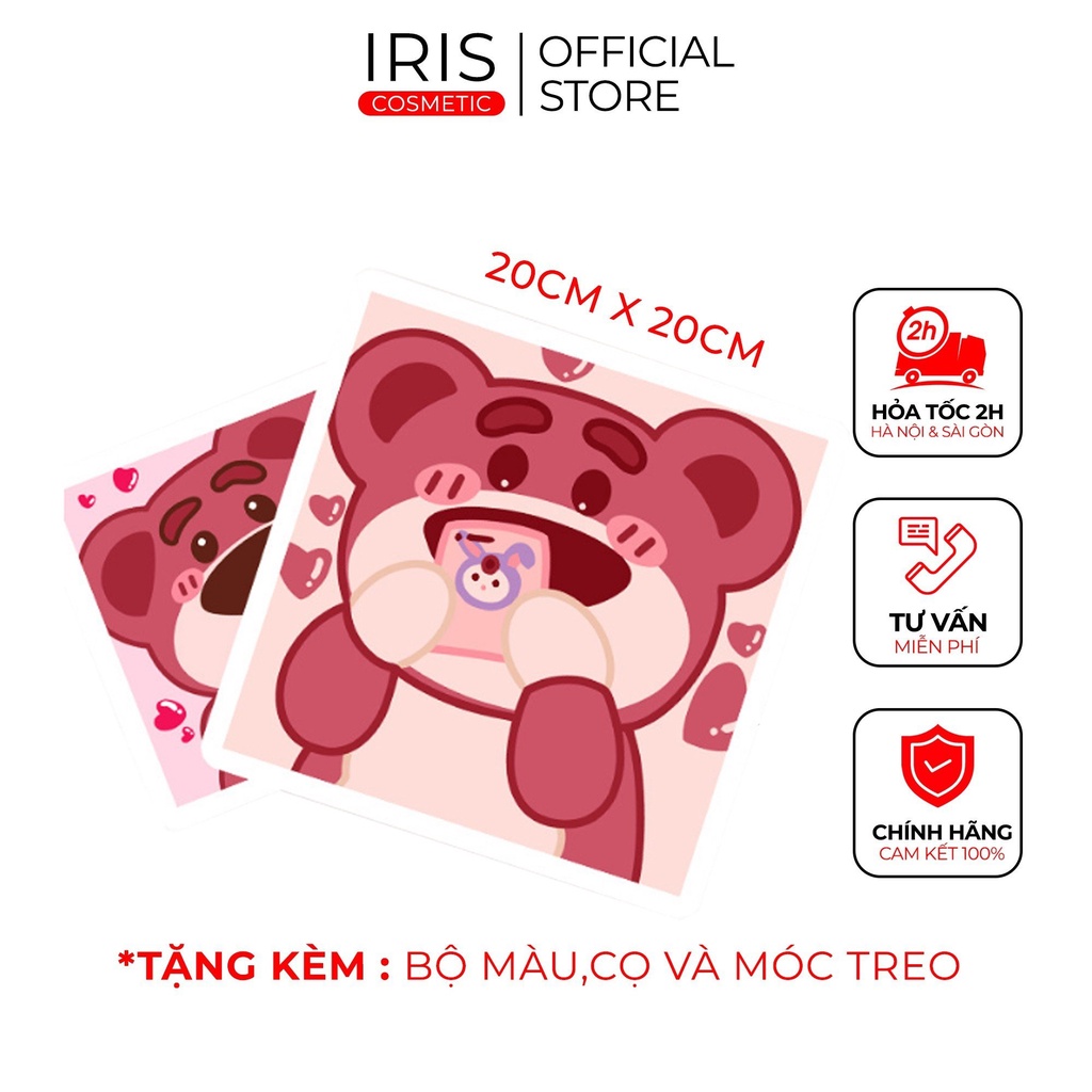 Tranh sơn dầu số hóa 30x30 GẤU LOTSO DÂU HỒNG tranh decor tô màu theo số giải trí đồ lưu niệm tặng kèm bộ màu và bút vẽ