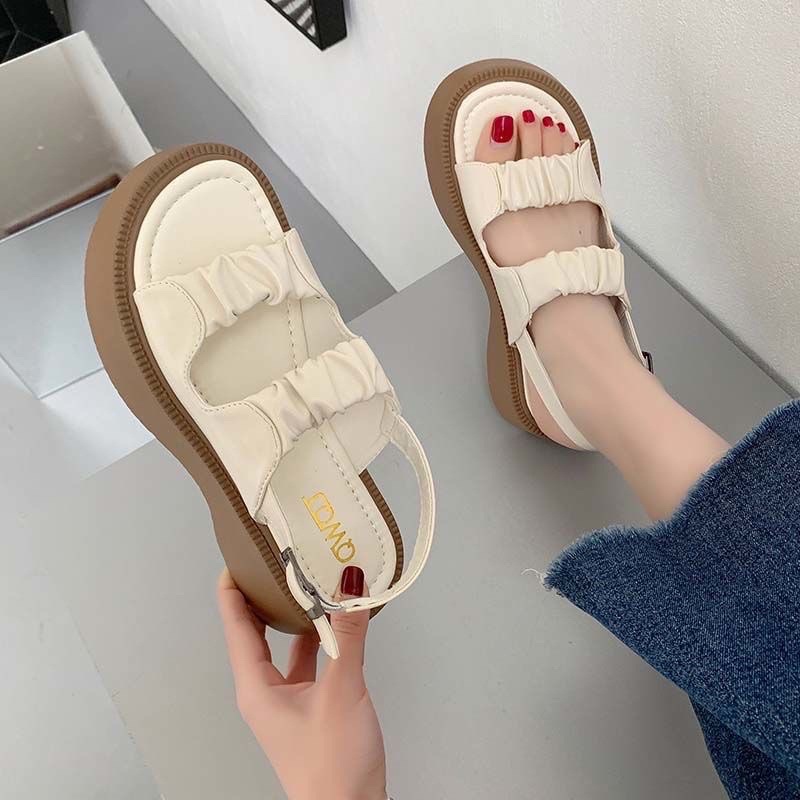 Giày Sandal Đế Dày Hở Ngón Quai Nhún Bèo  Phong Cách Hàn Quốc Thời Trang Mùa Hè Màu Đen 2022 Dành Cho Bạn Nữ