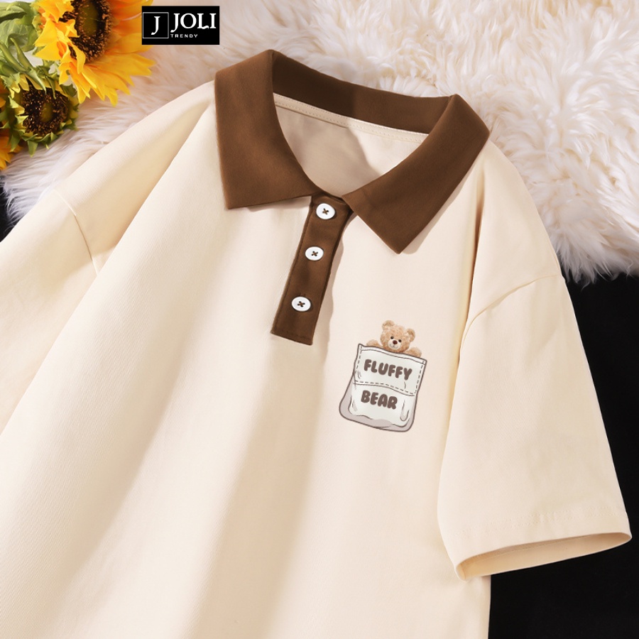 Áo Polo Unisex Mã PL Bear Story Màu Be Phối Cổ Nâu Form Rộng Tay Lỡ Cho Nam Nữ | BigBuy360 - bigbuy360.vn