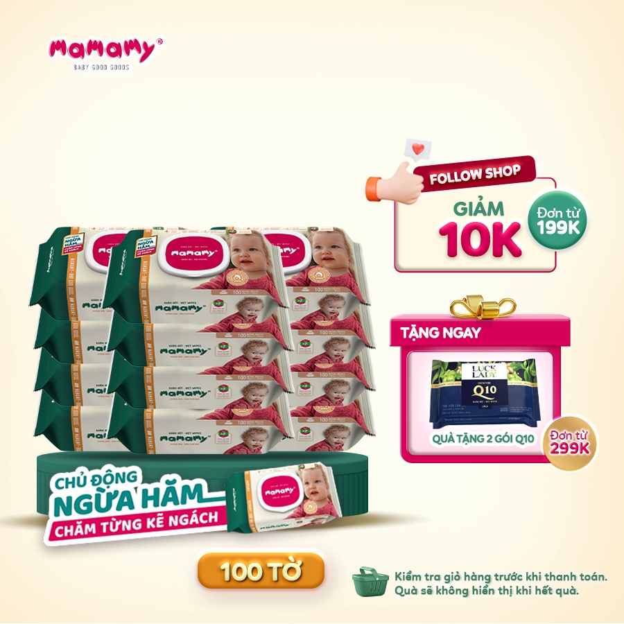 Combo 12 Khăn giấy ướt 100 tờ có nắp chủ động ngừa hăm/x2 chất ngừa hăm Mamamy Không mùi/Mùi dịu nhẹ an toàn cho bé