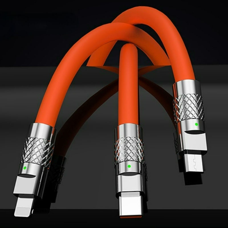 Cáp Sạc Nhanh 120W bằng Silicone Và Hợp Kim Kẽm 3 Trong 1 Siêu Bền Cổng USB Ra Lingting, Type C, Micro màu cam như hình
