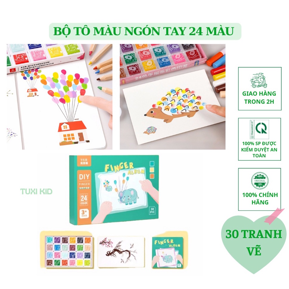 Bộ Tranh Tô Màu Vân Tay An Toàn Cho Bé (Loại Hộp 30 Tranh Và 24 Màu)