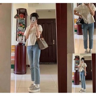 Quần Jean Nữ Ống Đứng, Quần Bò Nữ Cạp Cao Xanh Nhạt-MS19 Chất Co Giãn Hàng Loại 1