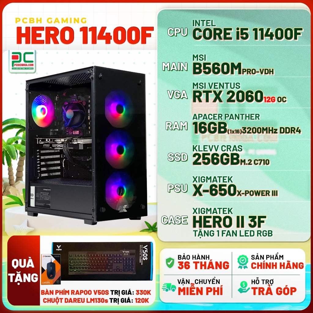 Thùng máy tính PCBH GAMING HERO 11400F ( CORE I5 11400F / B560M / RTX3050 8GB / 16GB / 256GB )