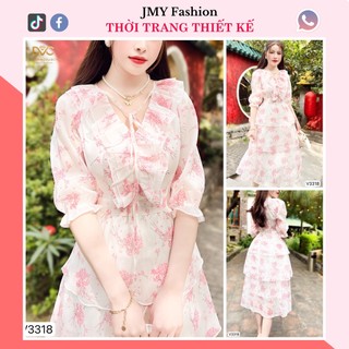  V3318 Váy trắng hoa nhí hồng tay lỡ nữ tính  DVC&ACC  váy đầm voan hoa nhí 3 tầng dáng dài 