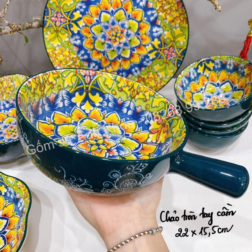 Siêu Sale - Bát Đĩa Gốm Sứ Decor, Bát Ăn Cơm, Bát Ăn Chè, Chén Dĩa Dễ Thương Bộ Bát Đĩa Thổ Cẩm Xanh Posimia