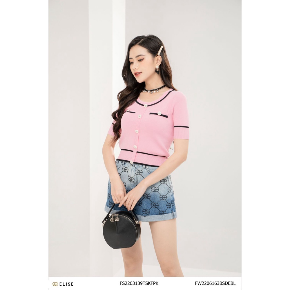 Quần short jeans xanh in logo đen thiết kế Elise FW2206163BSDEBL