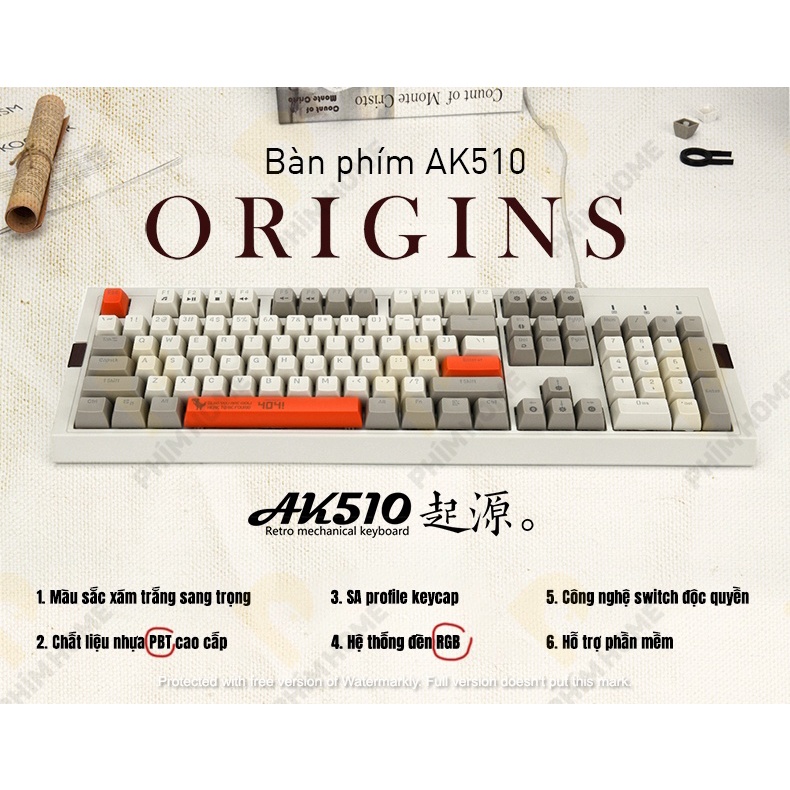 Bàn phím Ajazz AK510 - Bàn Phím Retro - Keycap PBT Doubleshot - LED 16,5 Triệu Màu - 1 ĐỔI 1 TRONG 6 THÁNG