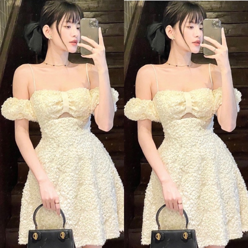 ( Ảnh Thật Hàng Đẹp Có Mút Ngực ) Đầm Trễ Vai Hoa Ren Nổi Váy Ngắn Xoè Khoét Ngực Bông Xốp Màu Kem