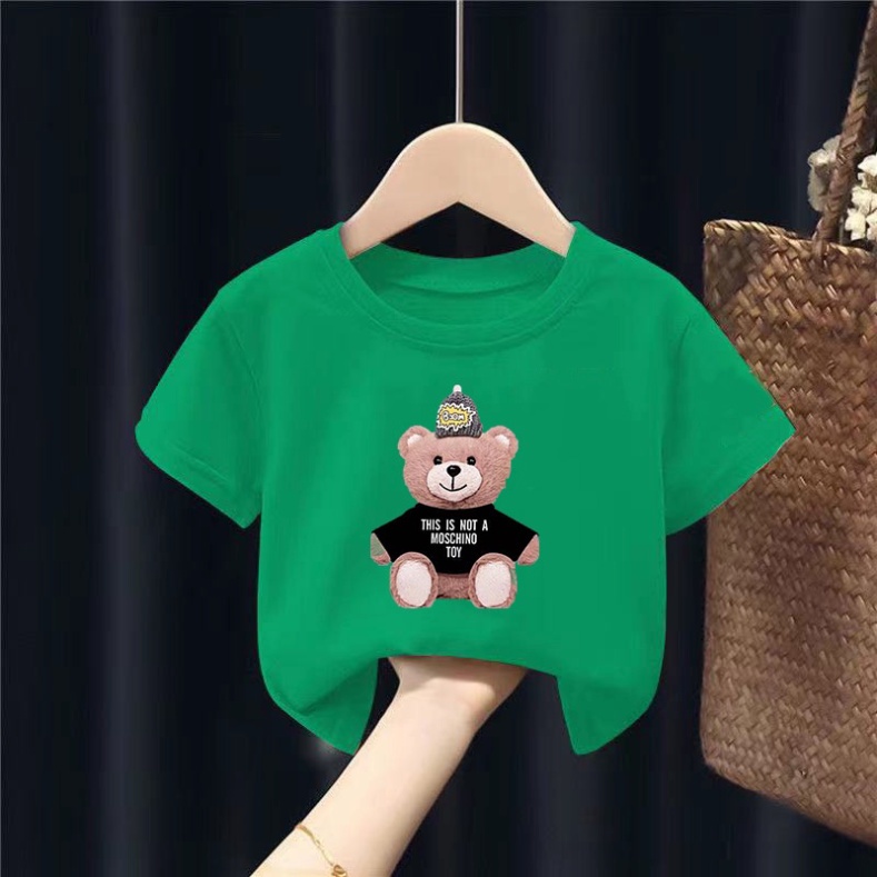 Áo cộc tay in hình gấu , áo phông cotton bé trai bé gái 7-18 kg