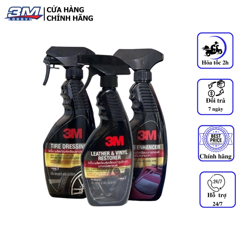 Bộ sản phẩm chăm sóc xe 3M, vệ sinh ghế da, bảo dưỡng nội thất, làm bóng lốp vỏ xe, bóng sơn xe máy, ô tô, nhập Thái Lan