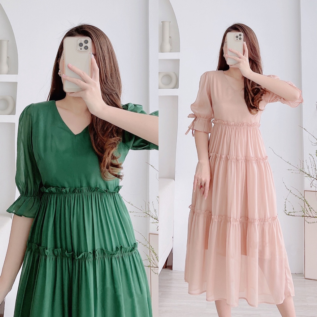 Đầm Maxi Cổ Tim Tay Lửng Phối Nơ Chất Voan Ánh Kim A8201