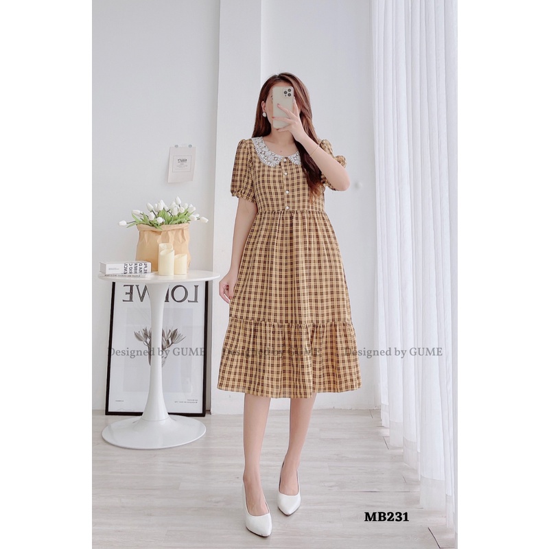 Váy bầu bigsize - Đầm bầu thiết kế GuMe kẻ vàng đuổi cá 3 tầng cổ ren dáng A size từ 40-100kg  MB231- ảnh thật
