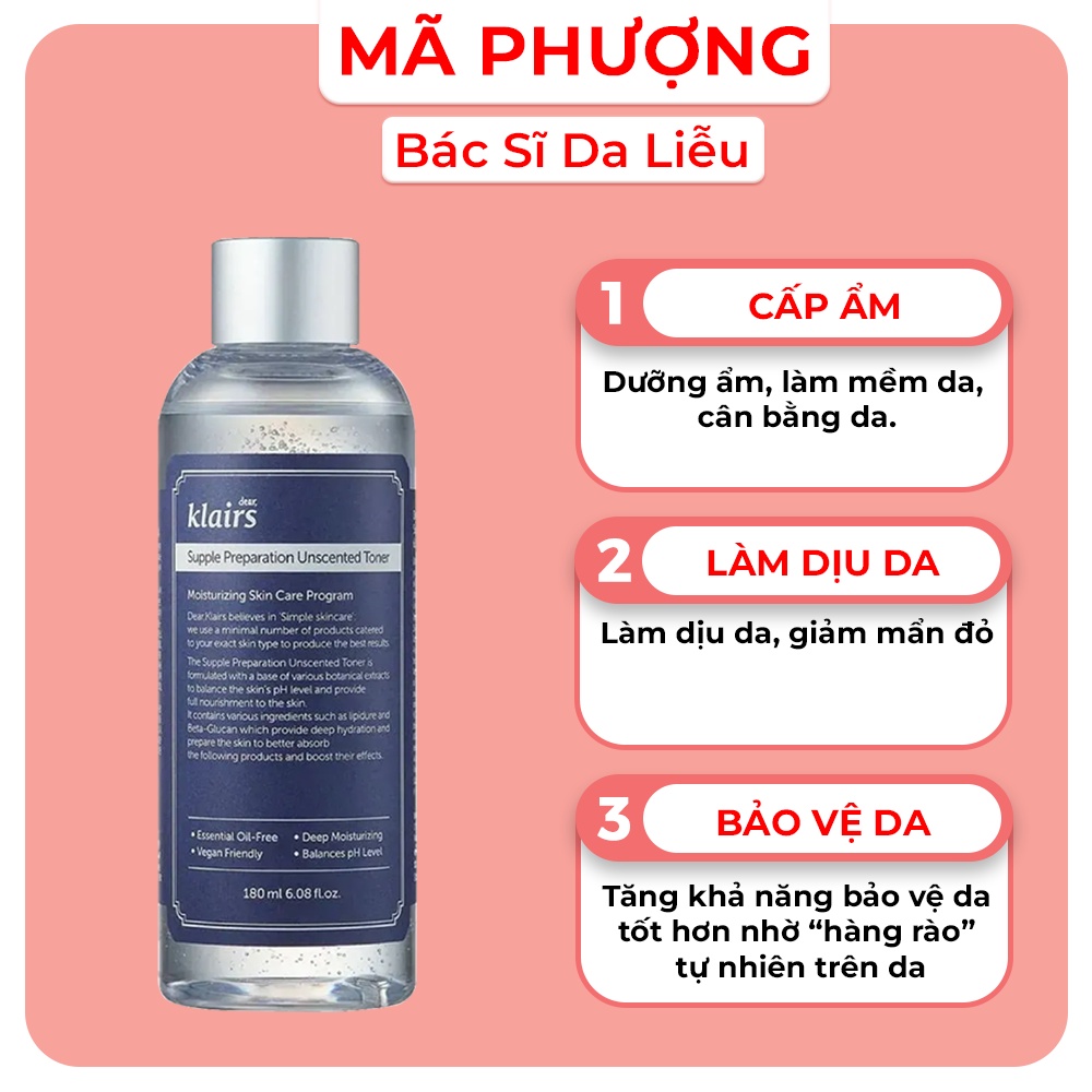 Nước hoa hồng cấp ẩm làm dịu da Dear, Klairs Supple Preparation Unscented Toner 180ml