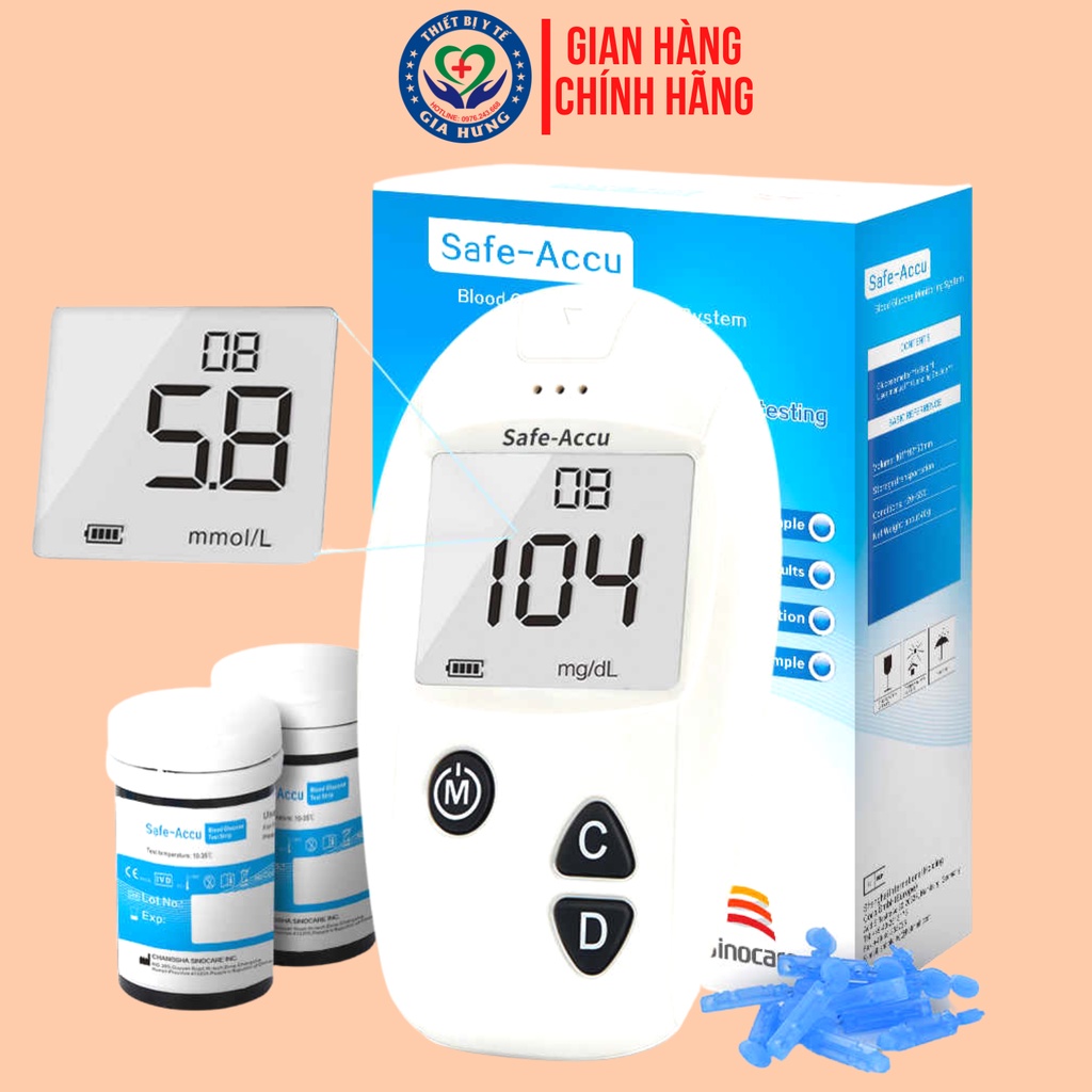 [TRỌN BỘ] Máy đo đường huyết Sinocare Safe - Accu Hàng Chính Hãng, tặng bút chích máu và 25 Que + 25 Kim