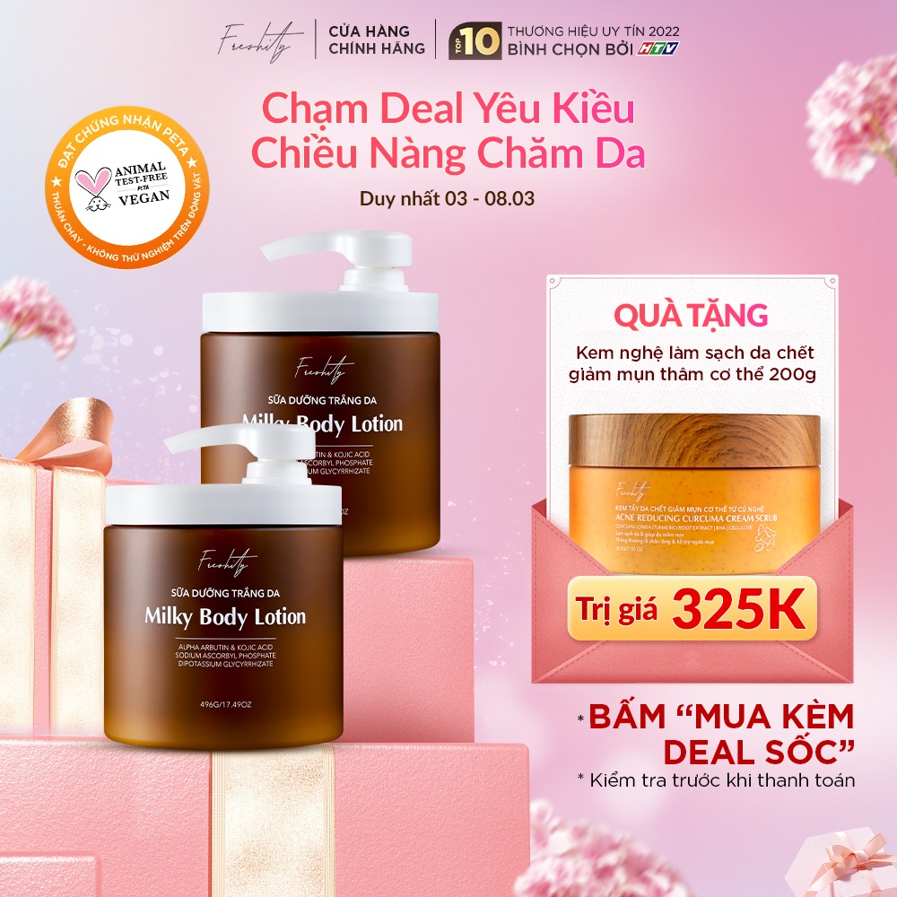 Combo 2 sữa dưỡng trắng da milky body lotion Freshity chứa 4% alpha arbutin dưỡng trắng mướt da cơ thể thơm mùi cam